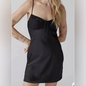 Urban Outfitters Perrie Lace Inset Black Slip Dress – XS | Bow Detail LBD